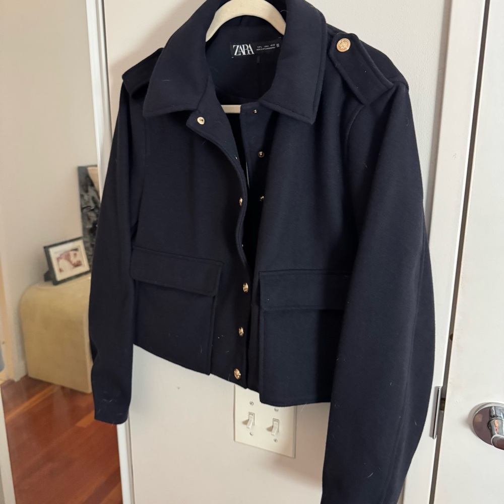 ZARA soft cropped navy gold button military style jacket blazer NWOT - Picture 7 of 9